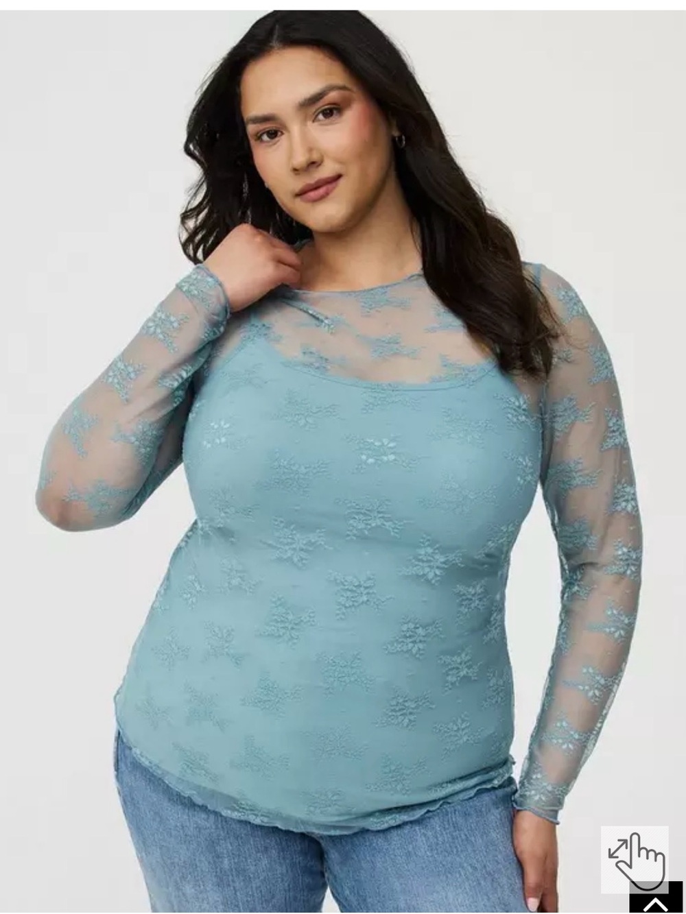 Torrid Sheer Lace Crew Neck Long Sleeve Top 1X Stone Blue